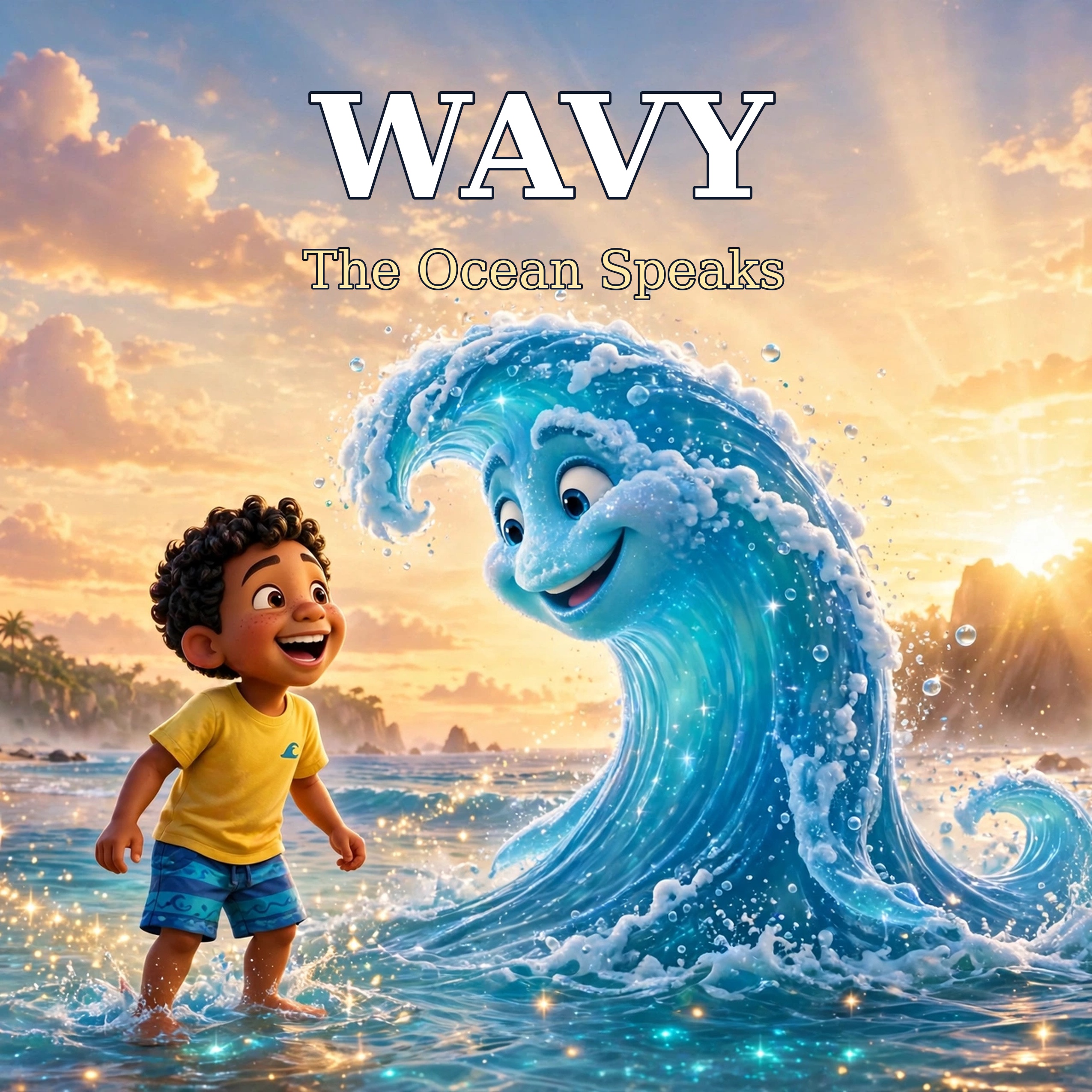 Wavy: The Ocean Speaks picture book cover, featuring the boy and his smiling wave friend
